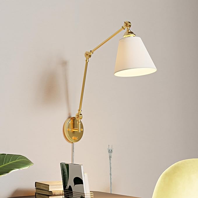 Plug in Wall Sconce, Gold Adjustable Swing Arm Wall Lamp, 1 Pack | Fabric Lampshade, Plug-in or Hardwired, E26 Base, 6.6FT Plug-in Cord, Knob Switch, Living room, bedroom, study room, office
