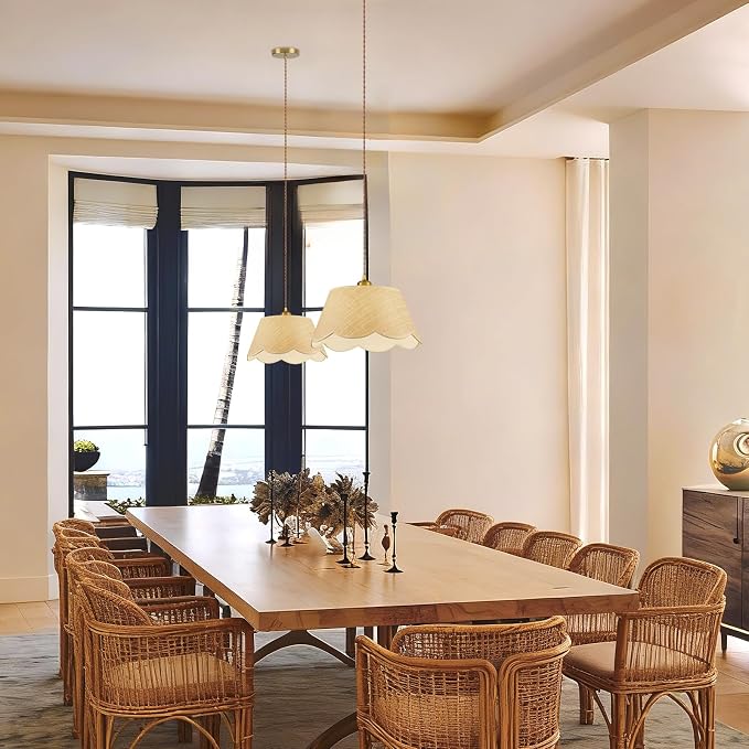 13" Gold Rattan Pendant Light, Modern Farmhouse Hanging Lamp with Scalloped Drum Shade, Vintage Coastal Boho Lighting Fixture for Kitchen Island, Dining Room, Bedroom, Living Room, Foyer
