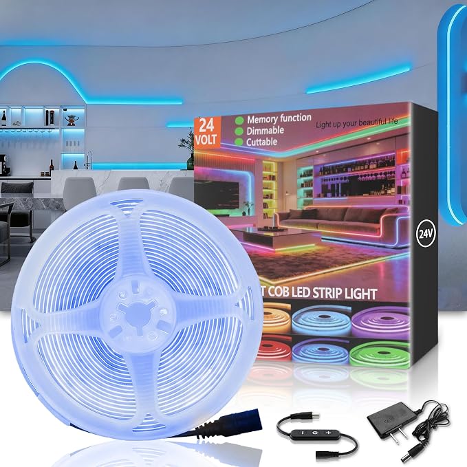 10FT COB LED Strip Lights Blue 24V High CRI95+ Ultra Bright Flexible LED Tape Lights Safe Low Voltage LED Lights Strip Rope Lights for Kitchen Under Cabinet Stairs Bedroom DIY Decorative Lighting