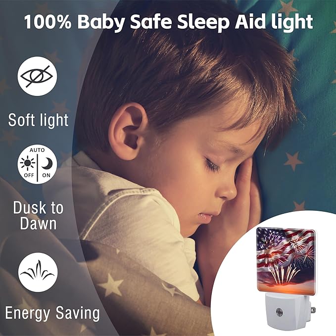 America Flag with Fireworks Night Light Plug into Wall,Retro The USA Flag Patriotic Dusk to Dawn Night Light,0.5w Energy Saving Sleep Friendly Nightlights for Kids Boys Girls Home