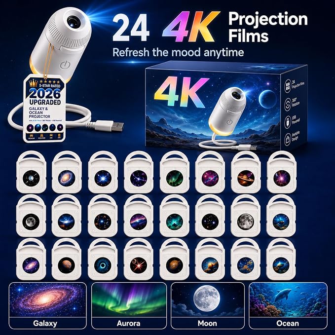HD 5D Holographic Night Light Projector, 2-in-1 Galaxy Star and Ocean Projector with 24 Films, 360° Rotating USB Powered Plug and Play Ceiling Light for Bedroom Decor (12 Projection Films)