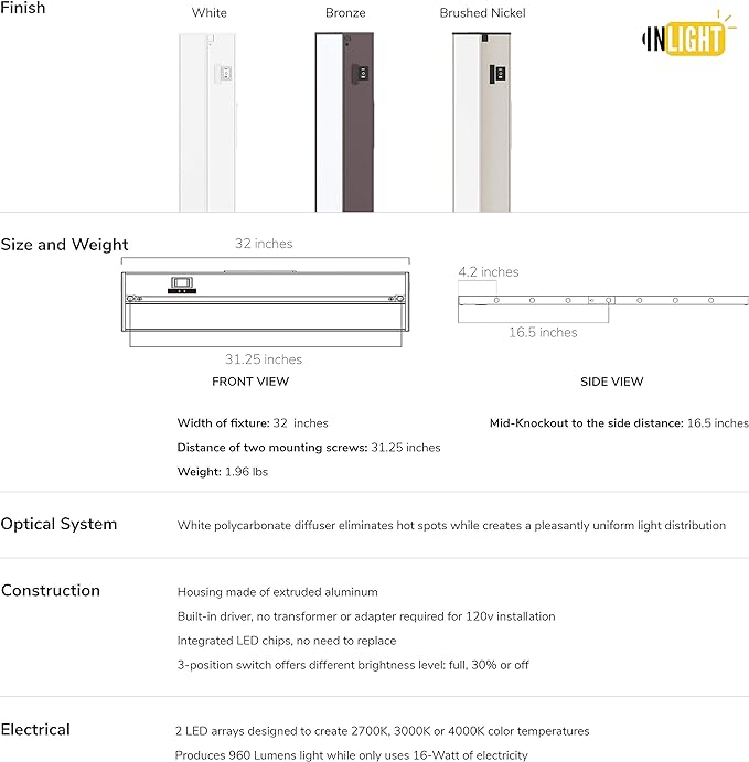 Getinlight 32-inch 3 Color Levels LED Under Cabinet Lighting, Hardwired or Plugged-in, Selectable White 2700K/3000K/4000K, Dimmable, Bronze Finished, IN-0210-4-BZ
