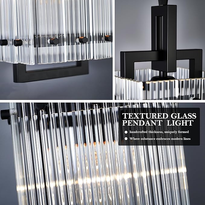 IKK Black Pendant Light for Kitchen Island, Luxury Ribbed Glass Chandelier Lights Fixture, Modern Elegant Adjustable Pendant Lighting for Dining Room Bedroom, E26 Bulb, L6.5'' x H14''