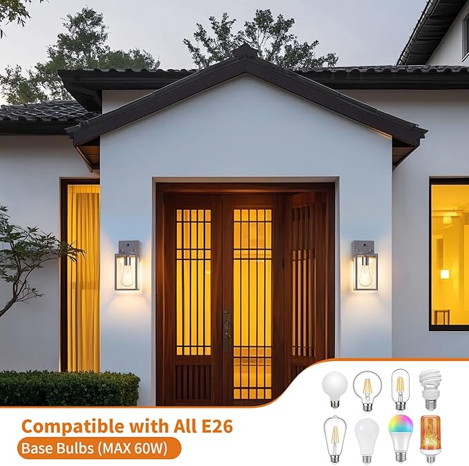 2 Pack Silver Dusk to Dawn Exterior Lighting Fixtures Wall Mount, Sensor Outside Front Porch Lights for House, Outdoor Lantern Lamp, Waterproof Wall Sconce Lights, Coach Light for Garage Entryway