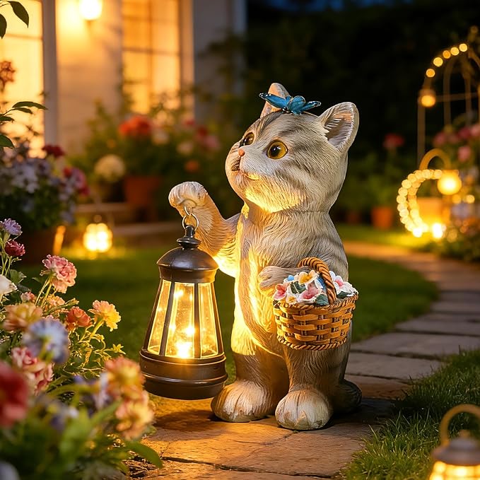 Brightown Solar Cat Garden Decor Statue with Solar Lantern Light, Hand-Painted Resin, IP65 Waterproof Outdoor Decor for Patio, Balcony & Yard Decorations, Unique Mothers Day Gifts for Mom Women