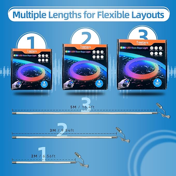 6.56ft LED Neon Rope Lights, Waterproof Music Sync Strip Lights with Remote & APP Control, USB-Powered Flexible Lighting for Christmas Halloween Decor, Gaming Room Bedroom Indoor Outdoor Decoration
