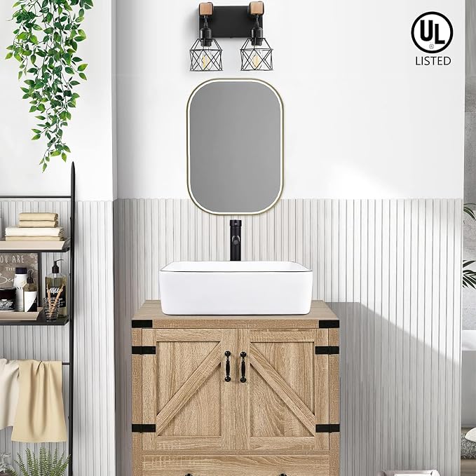 Farmhouse Vanity Light Fixture,2-Light Bathroom Lighting,Black Industrial Wood Wall Light Over Mirror with Metal Shade