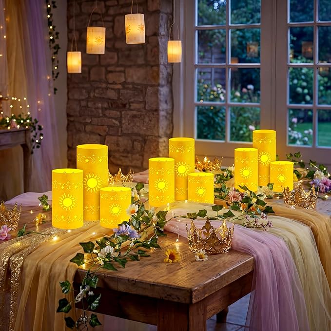 12 Pcs Princess Sun Lantern Centerpieces for Table 3 Size Gold Princess Birthday Cutout Paper Lantern Boxes with Tea Light Candle for Sun Birthday Baby Shower Decor(Cylindrical)