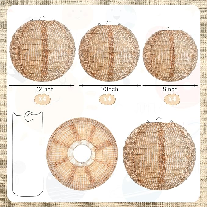 24 Pcs Print Burlap Paper Lanterns Round Chinese Paper Lanterns Farmhouse Boho Classroom Home Decor Classroom Sweet Birthday Party Ceremonial Event (8/10/12 Inch)