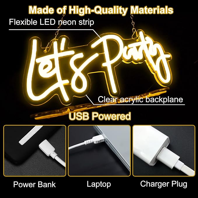 Let's Party Neon Sign, USB Powered Led Light for Birthday Party Bar Decor | for Pub Prom Wedding Festival Events Graduation Decorations, Dimmable, Portable, Easy Hanging Install, 15.7in, Warm White