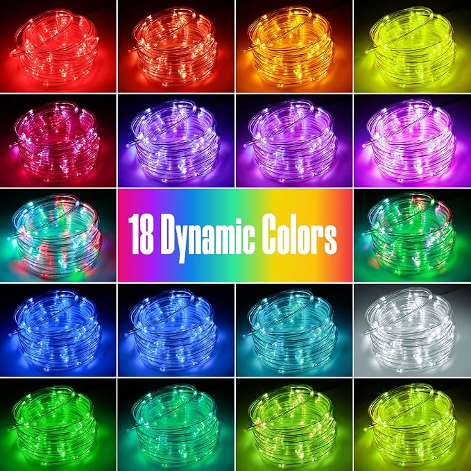 Rope Lights for Outside, 33FT 120LED 18 Colors Changing Outdoor LED String Lights Waterproof Tube Fairy Light with Remote& 8 Modes Trampoline Light for Camping Pool Tree Garden Yard Home Holiday Decor