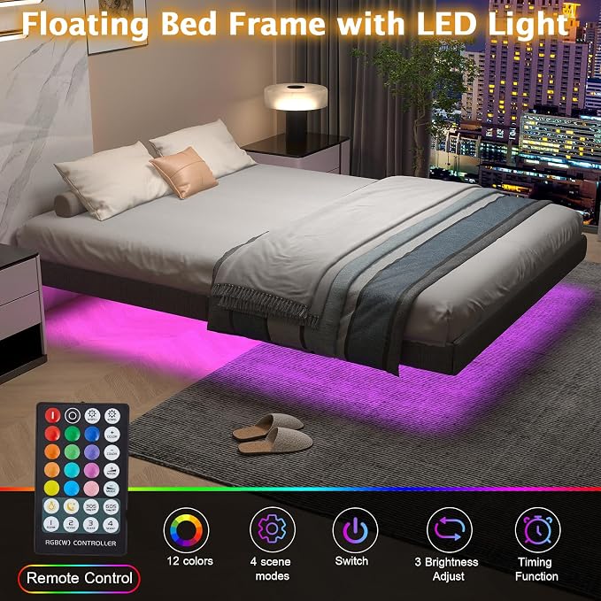 RVONOW Floating Bed Frame Full with LED Lights, Under Bed Storage, Grey | Metal Platform Full size Floating Bed Frame, Heavy Duty Steel Slats Support, No Box Spring Needed, Noise Free, Easy Assembly
