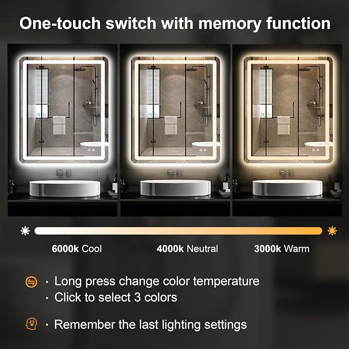 LED Bathroom Mirror with Lights, 30 x 36 Lighted Vanity Wall Mirror | Backlit and Frontlit, Anti-Fog, Dimmable 3 Colors, Shatter-Proof Tempered Glass, Memory Function, Plug-in/Hardwired