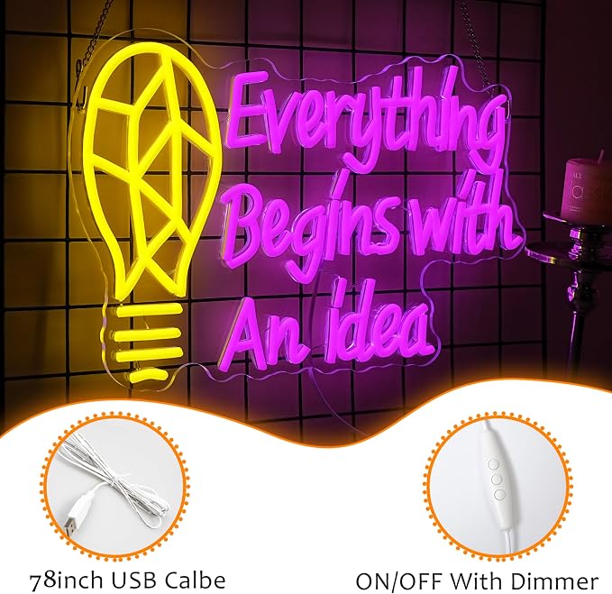 LISIGNVE Inspirational Light Bulb Neon Sign Everything Begins With An Idea LED Neon Light Wall Art for Classroom Creative Room Office Bedroom Cafe Motivational Gift for Student Entrepreneurs Writers Artists