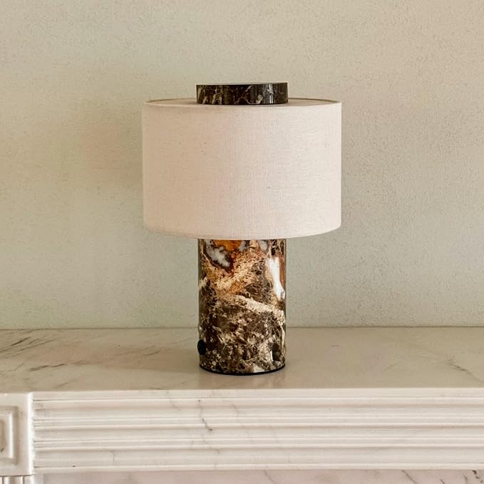 Marble Lamp, Stone Table Lamps Collection - Modern Cylindrical Lampshade Cordless Luxury Design Bedside Brown Lamp for Home Decor, Bedroom, Living Room & Office (Rechargeable Emperador Dark Lamp)