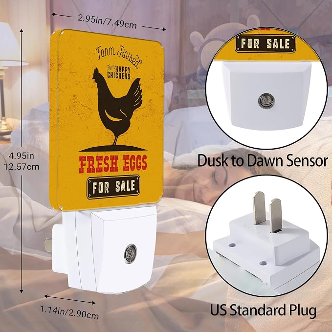 Retro Farm Rooster Night Light Plug in Wall Lamp Smart Dusk to Dawn Sensor for Home Decorative, Kids Room Bedroom Bathroom Kitchen Hallway Gifts