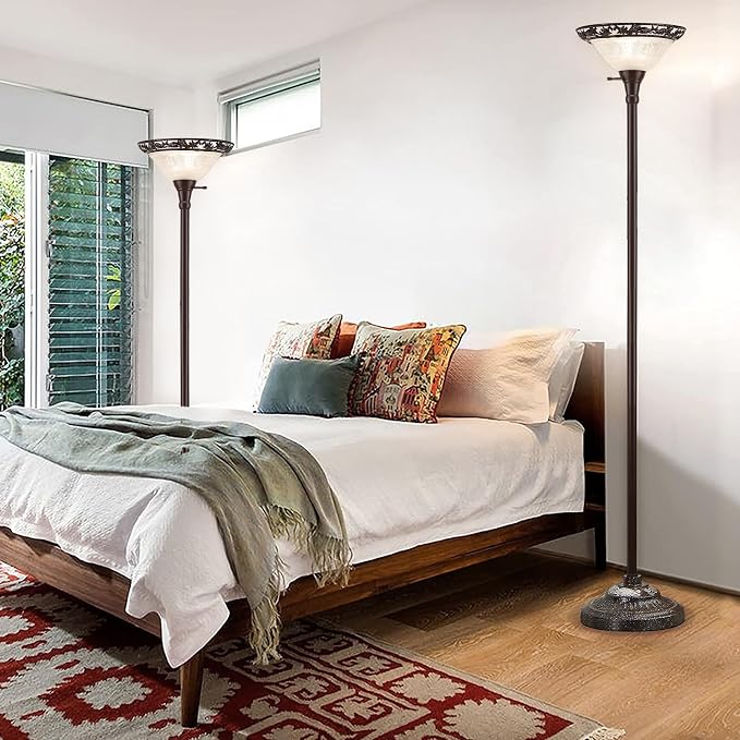 Luvkczc Torchiere Floor Lamp for Living Room - 70" Victorian Floor Lamp with with Etched Glass Shade, Vintage Standing Corner Tall Reading Light for Bedroom Office