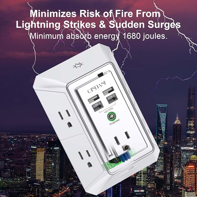 3-Sided Outlet Extender with Night Light - QINLIANF Multi Plug Outlet with 5 Outlets and 4 USB Ports(2 USB-C), USB Wall Charger for Home, Office, Travel, ETL Listed, White