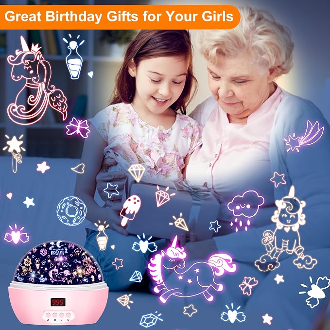 MOKOQI Kid Unicorn Night Light for Girls with Timer | Girl Night Lights Rotating Light Projector for Bedroom Christmas Birthday Gifts for 3-8 Year Old Girls