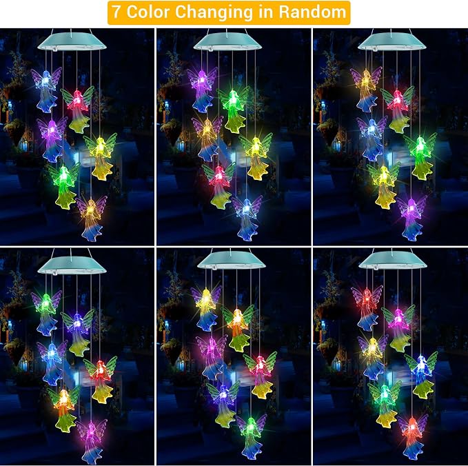 Toodour Solar Wind Chimes, Color Changing Angel Wind Chimes | LED Decorative Mobile, Gifts for Mom Grandma, Waterproof Outdoor Decorative Lights for Garden Patio Yard Window Outdoor Decor