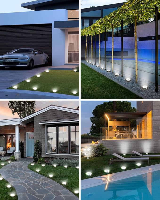 btfarm 30 Pack Solar Lights Outdoor Waterproof, 8 LED Solar Ground Lights | Stainless Steel, Easy-to-Install Flat Solar Disc Lights, Pathway Lights for Garden Lawn Patio Yard Path Landscape, Cool White
