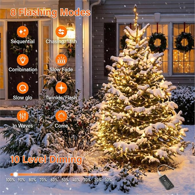 ZSJWL Rechargeable Fairy Lights with Remote，66ft 200 LED Outdoor Battery String Lights with DIY Timer & Light Sensor, Waterproof Dimmable Twinkle Light for Tree Christmas Indoor, Warm White