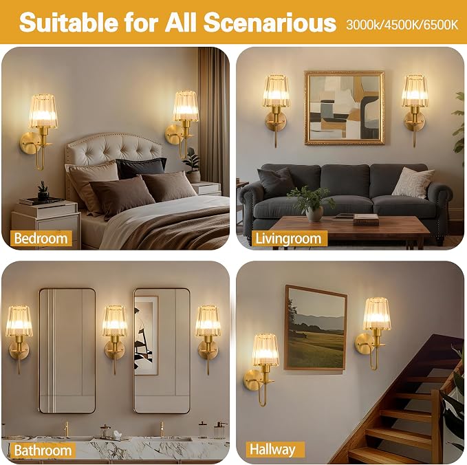 Battery Operated Wall Sconces Set of 2, Gold Crystal Wall Lights | 5200mAh rechargeable wall lights with magnetic bulbs, remote control, 15 colors, 10-level dimming and timer for bedrooms