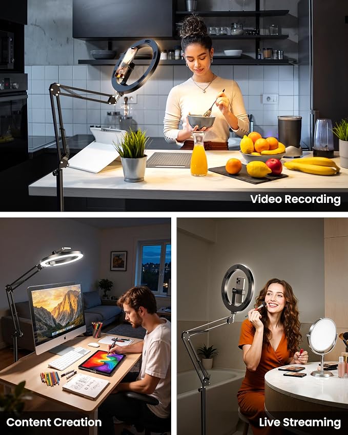 Ring Light with Stand Tripod for iPhone – Upgrade 1800 Lumens 10” Overhead Phone Tripod with Light, 2X Brighter Lighting for Video Recording, TikTok, YouTube, Streaming & Content Creator Essentials