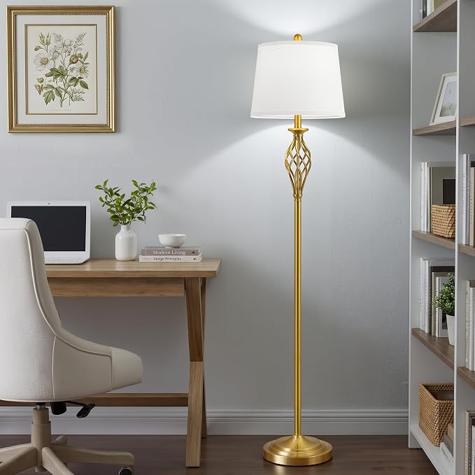 EJIAXIN Floor Lamps for Living Room - 62" Farmhouse Vintage Standing Lamp for Bedroom with Adjustable Color Temperatures,Gold Tall Lamp with Linen Shade,Reading Light for Home Office,Bulb Included