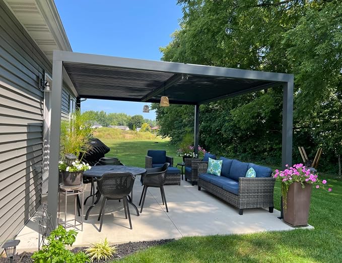 PURPLE LEAF Louvered Pergola 94AS 11' x 13' Aluminum Rainproof Gray | Built-In Rainproof Gutters Keep You Dry, Zero-Rust Aluminum Construction, Easy DIY Assembly, Multiple Size Options