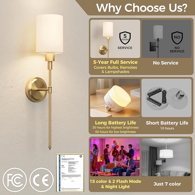 Battery Operated Wall Sconce: Set of 2 Wireless Wall Lights with 12000mAh | 15 Color Rechargeable Wall Sconces, Not Harwired Sconce Wall Decor Set of 2 for Bedroom, Living Room, Gold 24.3in
