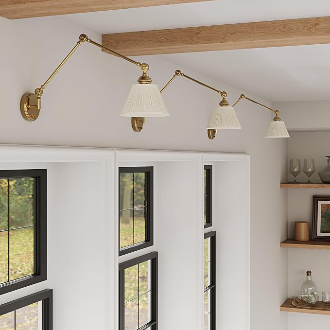 Gold Plug in Wall Sconce, Swing Arm Wall Light with 6.6FT Plug in Cord, Two Adjustable Arms, Fabric Shade, E26 Base, Hardwired Wall Lamp for Bedroom, Reading, Living Room, Hallway (1 Pack)