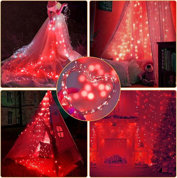 12 Pack Fairy Lights Battery Operated 7FT 20LED Silver Wire String Lights | Waterproof Red Christmas Lights Outdoor, Firefly Mini Lights for Bedroom Party Birthday Wedding Indoor Decorations Home Decor