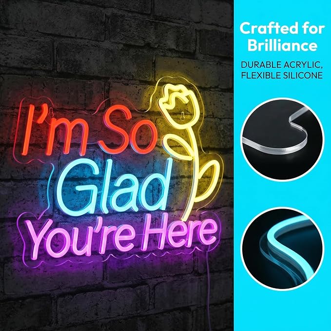 "I'm So Glad You're Here" Neon Sign - Welcome Decor with Rose | 15.7"x12.2" Multicolor LED Sign for Wall Decor, 6.5ft USB Powered & Dimmable, Hanging Chain Included