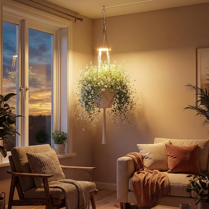 Hanging Plant Grow Lights for Indoor Plants with Timer | Wall Mounted Full Spectrum Pendant Growing Light with Macrame Plant Hanger, Ceiling LED Planta Luz for Potted Plants