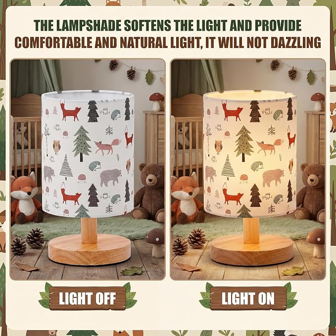 Woodland Animals Kids Table Lamp for Bedroom Kids Bedside Lamp with Linen Wooden Nightstand Cartoon Nursery Lampshade for Girls Boys Living Room
