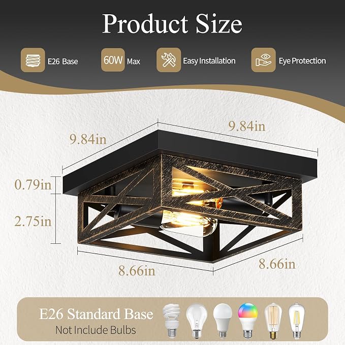 SKEJAO Black Flush Mount Ceiling Light Fixture,2-Light Square Rustic Vintage Metal Black Hallway Light Fixtures Ceiling for Farmhouse,Kitchen,Hall,Bedroom (2 Pack)