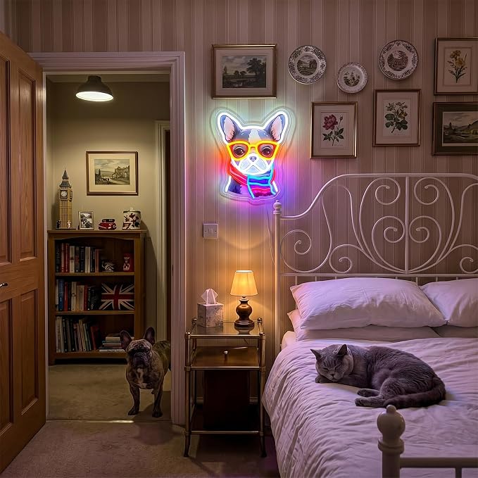 French Bulldog Neon Sign, Bull Dog Led Sign for Wall Decor, Usb Powered Adjustable Brightness Frenchie Wearing a Scarf Led Light for Bedroom Pet Rooms Bar Pub Party Decor, Unique Gift