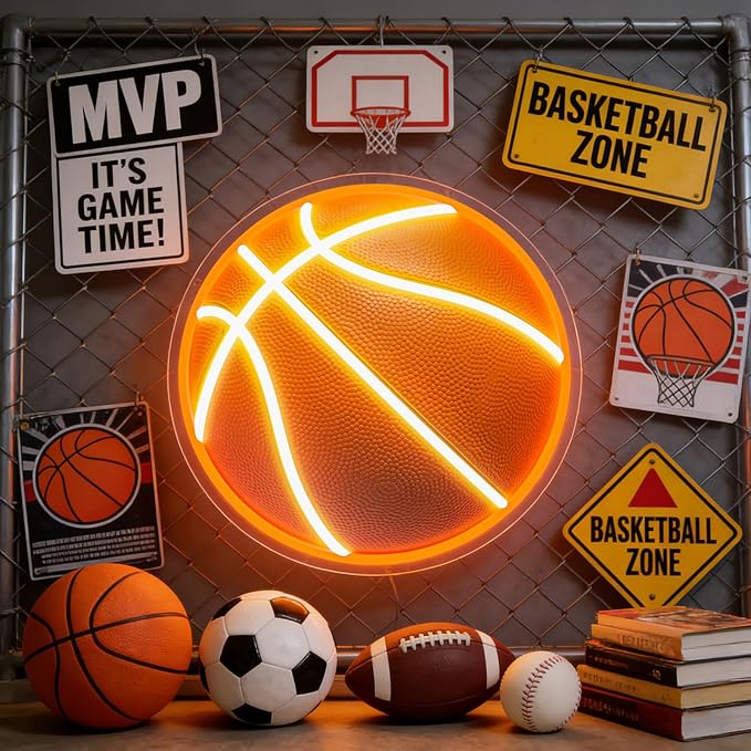 UV Printed Basketball Neon Sign Light Up Basketball Sports Neon Light Dimmable Led Basketball Gifts for Boys Fans Bedroom Man Cave Game Room for Wall Decor Aesthetic