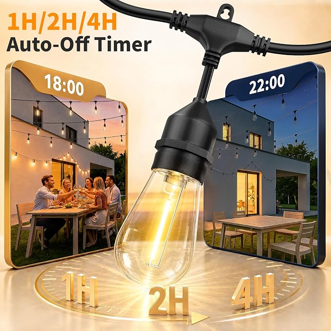 Hotsonic Remote Control Outdoor String Lights Waterproof, 100FT LED Outside Lights with Shatterproof Bulbs, Dimmable Hanging S14 Lights 3 Modes for Patio Porch Garden Pergola Yard House Party Decors
