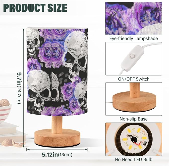 Gothic Pattern Table Lamp with Wood Base and Fabric Shade - Purple, Blue Rose Flower Design for Nightstand, Bedside, Desk, Living Room, Bedroom, Kids Room, Office
