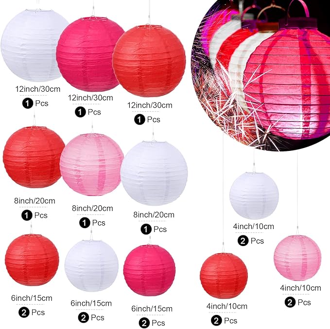 Pelopy 18 Pcs Paper Lanterns 4/6/8/12 Inches Round Chinese Japanese Paper Lanterns for Indoor New Year Valentine's Day Wedding Birthday Party Decorations(Pink,4/6/ 8/12 Inch)