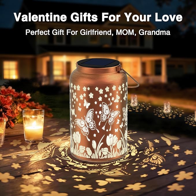 Solar Lanterns Outdoor Waterproof,Butterfly Solar Lantern Gift for Women Girl Mom Grandma,Valentine Gifts,Metal Hanging Solar Lantern for Yard,Garden,Porch Landscape Deconrations-1 Pack