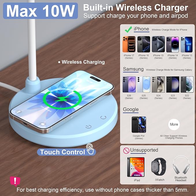 Blue Desk Lamp, Table Lamp with Wireless Charger, 800LM, CRI95+ | 3 Color Modes, Stepless Dimming, Small Desk Lamp with Adjustable Neck, Desk Light for Reading, Bedside, Dorm, with Adapter
