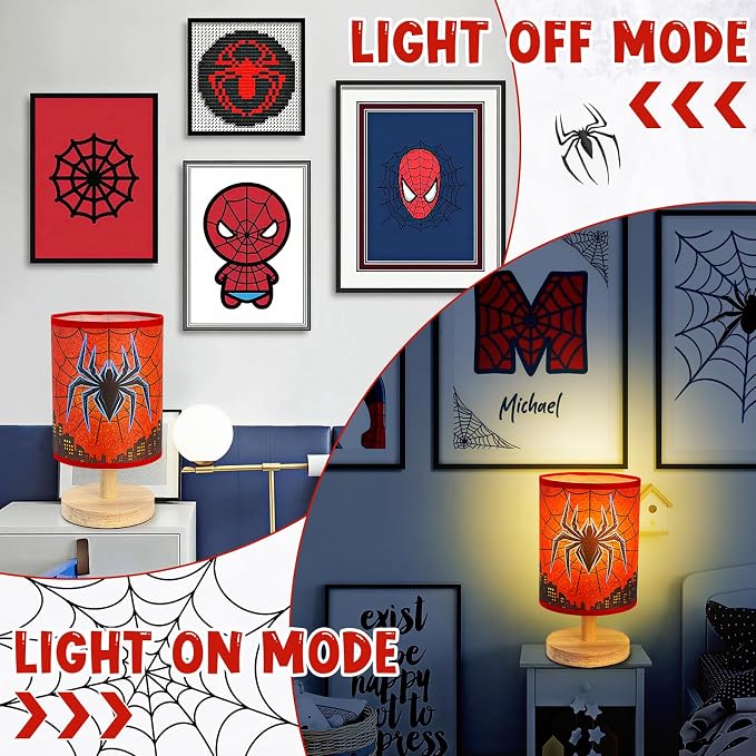 Spider Table Lamp for Boys - Spider Night Light & Bedroom Bedside Lamp with Linen Lampshade and Wooden Stand, Cartoon Nursery Lamp for Desk, Home Decor