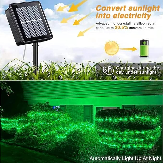 QITONG 2 Pack Green Solar Rope Lights, Each 33ft 100 LED String Lights Outdoor, 8 Modes Fairy Lights in Clear PVC Tube