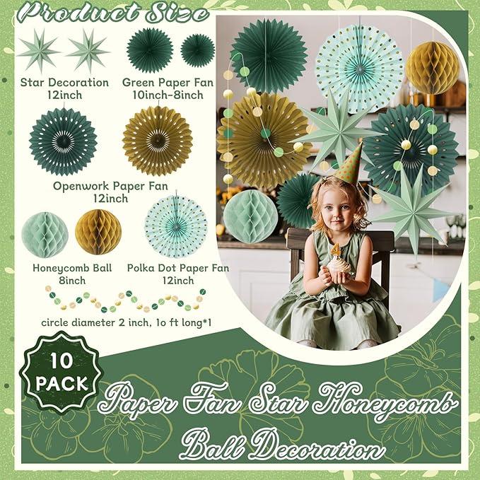 ADLKGG Sage Green Party Decorations, Hanging Paper Fans Circle Garland Paper Lanterns St Patrick's Day Party Supplies, Sage Green Themed Graduation Birthday Wedding Bridal Neutral Baby Shower Decor