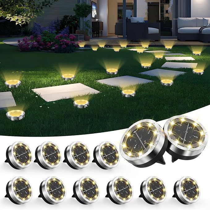 Solar Ground Lights Outdoor, 12 Pack Solar Lights Outdoor Warm White | Waterproof Mini Flat Solar-Powered Garden Lights, Landscape Lighting for Garden Yard Lawn Pathway Walkway Driveway Yard Decor