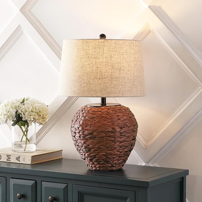 JONATHAN Y Alaro Table Lamp Woven Water Hyacinth Basket 24.5", Dark Brown | Farmhouse Coastal Decor, Beige Linen Drum Shade, Metal Frame, LED Bulb Included, Rotary Switch, UL Listed