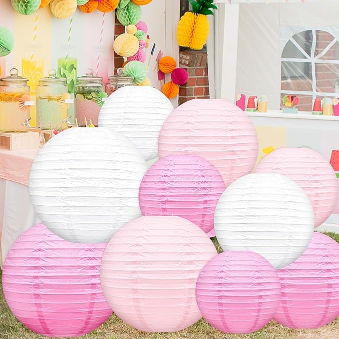 Paper Lanterns Celehappy Hanging Round Pink and White Paper Lanterns Decorative 8” 10”12" Chinese Lanterns for Birthday Wedding Party Decoration Baby Showers Valentine Indoor Outdoor 18pcs